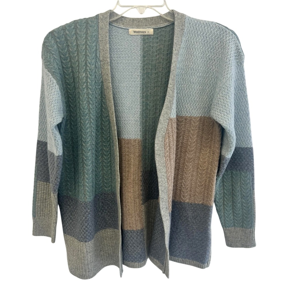 WoolOvers Cardigan Womens Medium Colorblock Open Front Cable‎ Knit Patchwork - Picture 2 of 15